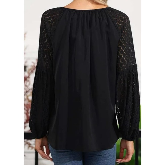 WOMEN'S SEXY ROUND TIE NECK LACE SLEEVES LOOSE BLOUSE COLOR BLACK NWOT Size 2XL - Picture 3 of 10